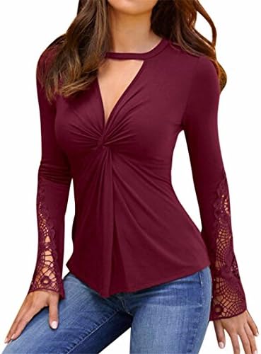 Womens Long Sleeve Tops,Womens Shirts and Blouse,Girl Lace V-Neck Patchwork Pullover Shirt Blouse T-Shirt For Ladies Moonuy Fashion Casual Spring Autumn Summer Elegant Sexy New Slim Jumper (M, Wine)