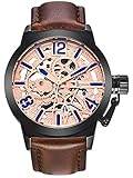 Alienwork Herren Damen mechanische Automatik-Uhr schwarz mit Lederarmband Rose-Gold Skelett