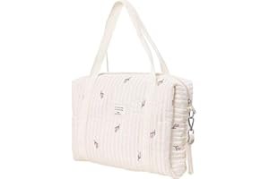 POVANJER Nappy Tote | Soft Embroidered Cotton Changing Bag, Outdoor Travel Organizer for Diapers, Wipes and Toys,