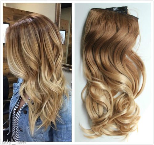 17" one piece full head clip in hair extensions ombre wavy curly (Light brown to sandy blonde)