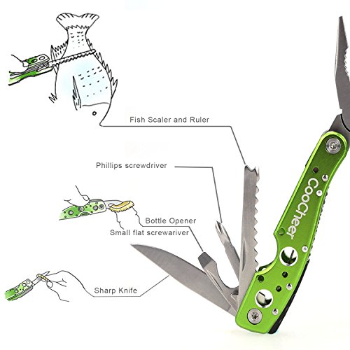 Coocheer Outdoor 9 in 1 Premium Taschen-Multiwerkzeug Zangen Sets Multitool faltbare Kombinationen mit Säge Flaschenöffner Schraubenzieher Messer& mehr (Grün) - 6