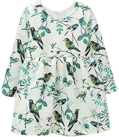 DAYU WORLD Girls Kids Crewneck Forest Bird Dress Long Sleeve Princess Dress Party Pageant Dresses Kids Clothes 1-12 Year
