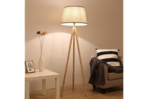 Depuley Lampadaire LED Trépied en Bois pour Salon, Lampe sur Pied Moderne Abat-Jour en Tissu Lin Beige 3000K Lumière Blanche Chaude (Ampoule E27 Inclus), Lampadaire Rétro pour Chambre, Bureau