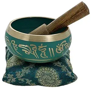 India Meets India Singing Bowl Tibetan Buddhist Prayer Instrument with Wooden Stick & Cushion for Meditation, Yoga (3.5 Inch, Green)