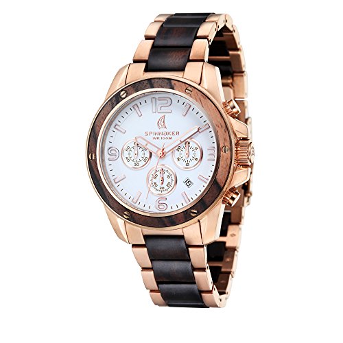 Spinnaker Vessel Men's Quartz Watch with Wood Bezel and White Dial Chronograph Display on Solid Stainless Steel and Sandalwood Bracelet SP-5027-33