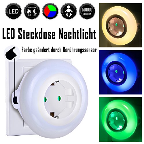 LED Nachtlicht mit Dämmerungssensor Emotionlite Steckdose Nachtlampe Kinder Schützen Steckdose Orientierungslicht Stimmungslicht Multi-Farben (Grün, Blau, Warmweiß) Auswechselbar Helligkeitssensor 0.6W Max. 3680W 16A (2 Stück) - 2