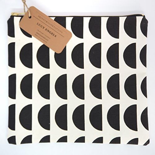 Handprinted Black White Canvas Zipper Pouch for Crafts, Travel, Planners, 24 x 26cm