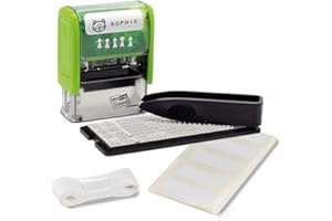 ‎TRODAT Trodat Stempel Deine Dinge für Kinder, Stempelset zum Selbst Gestalten – 3 Zeilen, Deutsch, Selbstfärbend, Textilstempel Waschmaschinenfest, 38 x 14 mm, Abdruck Schwarz, inklusive Zubehör