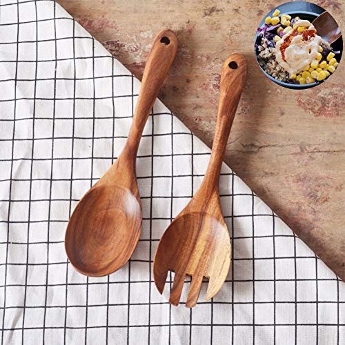 Salad Server, Salad Fork and Spoon Set, Acacia Wood Sauce Soup Cooking Kitchen Travel Wooden Forks Small Retro Spoon Dinnerware(1set)