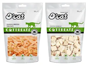 O'Cat Chicken and Broccoli Thin Chips 50 GMS + Codfish Granule 50 GMS Treats for Cats & Kitten | Dental & Training Cat Treats.