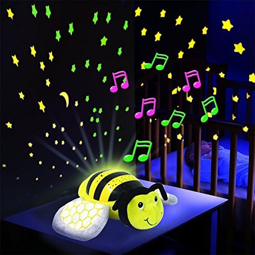 Sleep Aid Night Light &amp; Shusher Sound Machine &amp; Baby Gift, LED Star Projector &amp; Portable Soother Stuffed Animal Comfort Plush Toy, Infant Slumber Buddies Projection and Music (Bee)