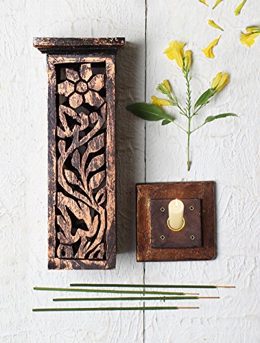 Store Indya, Hand geschnitzte holzerne Raucherstabchenhalter Turm u. Kegel Brenner mit herausgeschnittenen Arbeits Haus Dekor Zusatzen (10x10x30, Braun) - 2