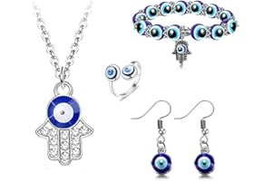 HSAJS Evil Eye Necklace Set for Women Girls Bead Bracelet Evil Eye Pendant Necklace Turkish Eye earrings Necklace Set Bring Good Luck Blue Eye Jewellery Set Gift of Love