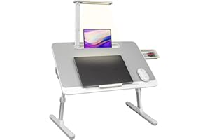 RAINBEAN Bureau d'ordinateur portable avec lumière LED et tiroir - Table de lit portable pour canapé, étude et lecture - Support réglable pour ordinateur portable - Blanc