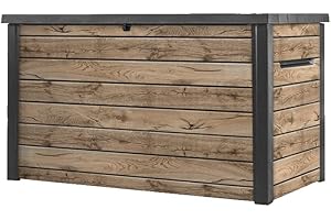 Keter Ontario Auflagenbox/Kissenbox 870 Liter | 100% Wasserdicht mit Belüftung dadurch kein übler Geruch/Schimmel Moderne Holzoptik | Deckel mit Gasdruckfedern