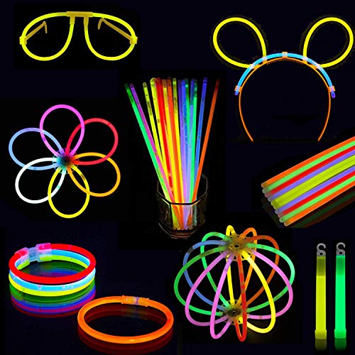 100 Multicolor Glow Sticks Party Pack - Premium Luminous Paquete con conectores - Fluorescentes Pulseras, Collares, Gafas, Diadema, Bola para Fiesta, Festival, Concierto, Cumpleaños + Regalo