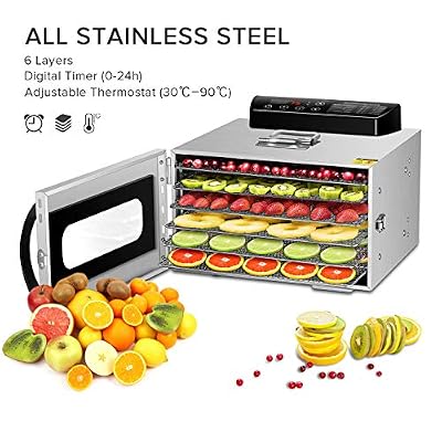 GCSJ Deshydrateur Aliment Calme, déshydrateur Inox 6 Étages 30°C-90°C Déshydrateur Électrique pour Boeuf, Fruits, Légumes, Sans BPA & Sécurité de Lave-vaisselle, 400W (Manuel en Français)