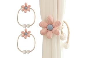 COMFORSO 2 Pack Curtain Tie Backs,Braided Rope Holdbacks,Flower Tie Back for Curtains with Pendant,Decorative Pearl Ball and Rope Curtain Tie Backs,No Punching Curtain Holder for Girls (Pink)