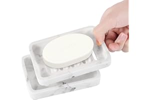 Luxspire Doppelschichtig Abnehmbar Seifenschale, Elegant Harz Kies-Textur Seifenhalter, Schnell Trockend Seifenbox Seifenablage Gehäuse für Küche, Bad, Dusche - Marmorweiß - Weißer Marmor