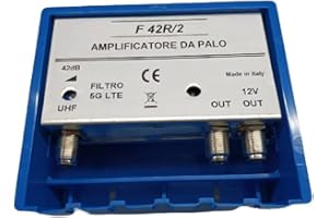 Vsnetwork Amplificatore Antenna TV da Palo con Filtro Lte/5G, Guadagno Massimo 42Db Regolabile, 2 Uscite, Amplificatore Antenna TV 1 Ingresso Uhf, Amplificatore
