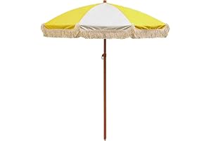 140 cm bärbart gult och vitt strandparasoll med fransar, boho trädgårdsparasoll med tofs, UPF 50+, för pool, trädgård, terras