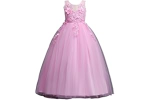 DISSA Robe pour Filles Princesse sans Manche Robes de Bal Tulle Robe de Soirée de Mariage Enfants Dentelle 4-14 Ans,D832