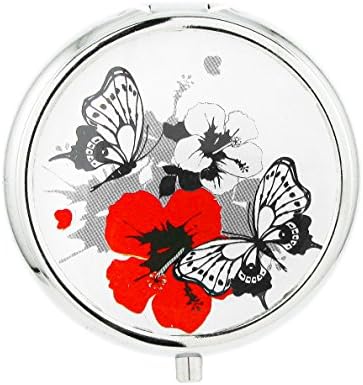 Pill Box - Pocket Silver Metal Round Pillbox 3 Pill Compartment (Hibiscus Rouge Design)