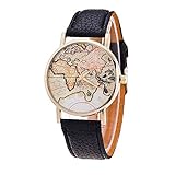 Damen Armbanduhr Traumzimmer Mode Frauen Weltkarte Lederband Analog Quarz Analoge Analogue Quarzuhr Casual Uhren Digital Klassisch Flach Wasserdicht Lederband Uhr (Schwarz)