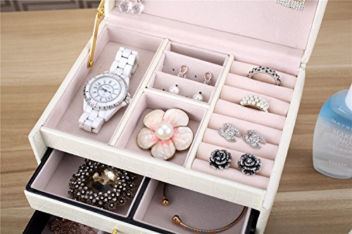 DCCN Schmuckkasten Elegant PU Leder Schmuckkoffer Schmuckschatulle Kosmetikkoffer mit 2 Schubladen Spiegel – Weiß - 9