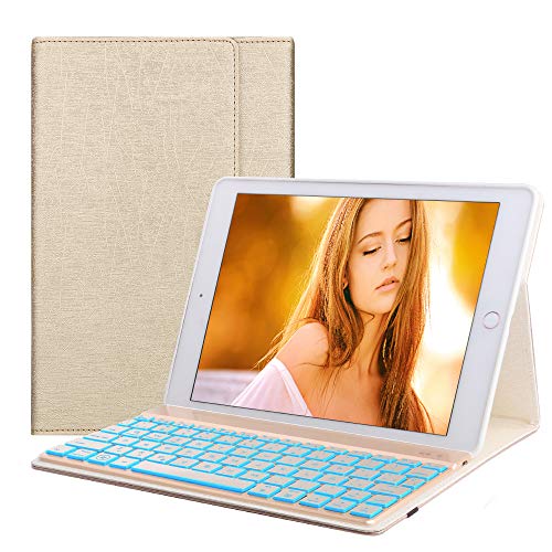 Boriyuan Funda con Teclado para iPad 9.7, Estuche Teclado Español Cuero para iPad 2018 6th, iPad 5th, iPad Pro 9.7, iPad Air 2 y 1, con Bluetooth Inalámbrico 7 Colores Backlit Teclado