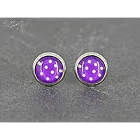 Ohrstecker Edelstahl Cabochon Punkte lila violett weiß 8 mm
