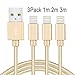 Produktbild Quntis 3*(1m, 2m,3m) mit Nylon umflochtenes verwicklungssicheres USB Kabel Datenkabel Ladekabel Verbindungskabel für APPLE iphone 6 plus/6/6S/5S/ipad Mini/Air. Arbeitet mit neuesten iOS-Update (Gold)