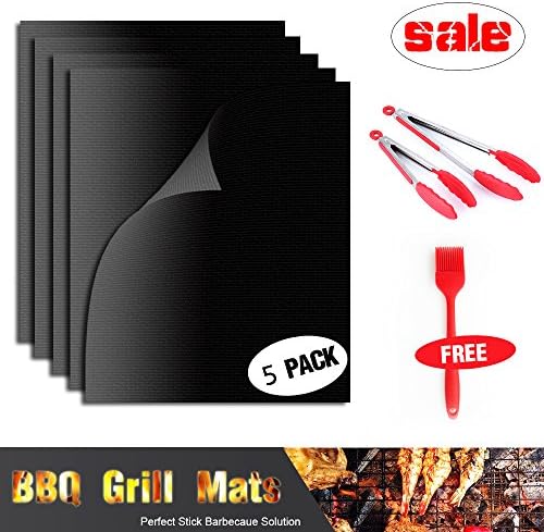 BBQ Grill Mat Set of 5 - Premium Kitchen BBQ Set Nonstick Reusable Grilling Mats Oven Liner Teflon BBQ Grill Mats Durable Heat Resistant BBQ Tools Set Including 2 Pack (9" &amp; 12") Barbecue BBQ Tongs Grill Stainless Steel Food Tongs Bonus Silicone Oil Brush