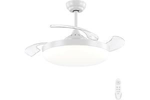 AUTODAY 108cm Ventilatore da soffitto retrattile con luce e telecomando, Ventilatore da soffitto bianco dimmerabile con LED da 36W, 3 pale invisibili, 6 velocità, silenzioso per camera da letto