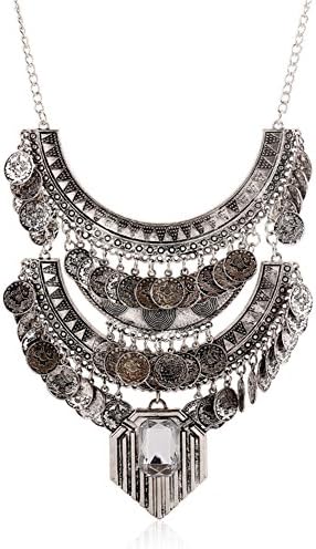 Ethnic Boho Gypsy Antique Silver Color Bib Chunky Tassel Collar Choker Festival Coin Women Necklace