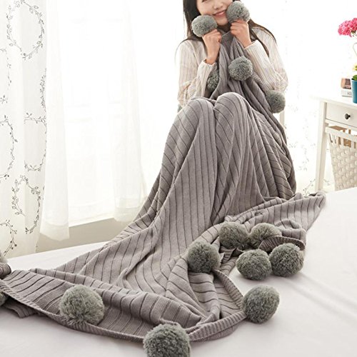 LvLoFit Pom Poms 100% Cotton Blanket for Sofa Bed Floor Chic Style Yarn Ball Decor Warm Knitted Wint