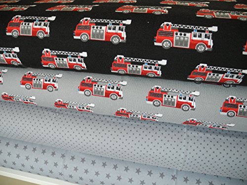 Lottashaus Jersey no69 Stoffpaket 4 Stück 50x70cm Feuerwehrauto Feuerwehr Auto Grau Tupfen Sterne Baumwolljersey Kinder Kleidung Stoffe - 3