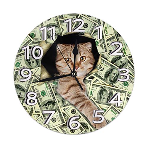 Reghhi Orologio da Parete Rotondo da casa Divertente Animale 100 Dollaro statunitense Soldi di Carta Gatto Orologio da Parete al Quarzo Silenzioso Sedile di creatività Muro a Doppio Uso Clo
