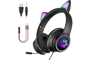 DRAGON SLAY Casque d'écoute de chat filaire à LED avec casque de jeu pour adultes et adolescents, bandeau rembourré réglable, microphone détachable, suppression du bruit et lumière RVB (Noir, USB + jack 3,5 mm)