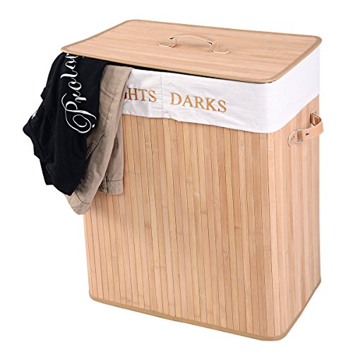 Wäschekorb Wäschekörbe Wäschebox Wäschetruhe Wäschesammler Bambus mit Leinen Kleidersack Wäschetone Wäschewagen 100L (Natur) - 6