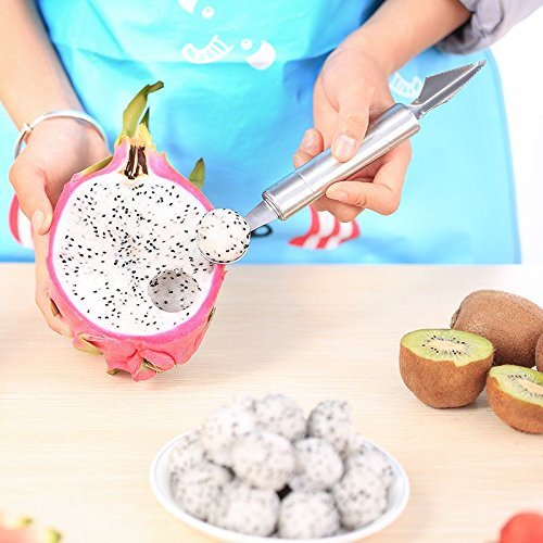 VECELO 2-in-1 Kugelausstecher Melonenlöffel Universalformer Fruchtfleischmesser Edelstahl Rostfrei für Dekoration Frucht-Salate Cocktails Desserts und Kuchen-Silber