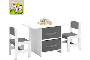 Maxmass 3PCS Kids Table and Chair Set, Wooden Children Play Table and 2 Chairs with Removable Drawers & Jigsaw Puzzle, Toddlers Activity Table Furniture for Drawing, Reading, Playing (Grey)