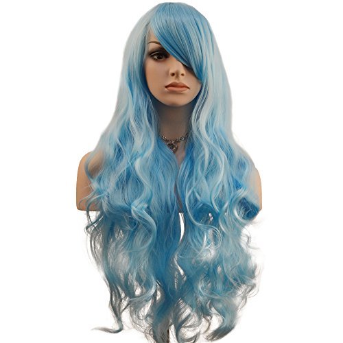 YOPO 32" Wigs Long Curly Wavy Wig Cosplay Costume Parties Wig(Light Blue)