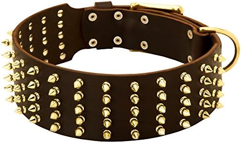 22 inch Extra Wide Brown Leather Dog Collar with 5 Rows of Nickel Plated Spikes - “Rocker” - 3 inch (70 mm) wide