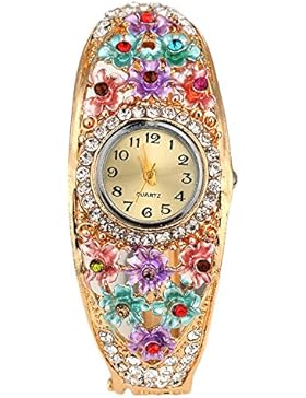 Sanwood Damen Armbanduhr mit floralem Muster, Glitzersteinen, goldfarben