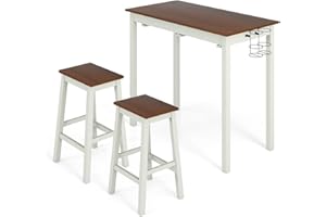 GiantexUK 3-Piece Bar Table Set, Space-Saving Dining Room Table and Chairs with Footrest, Wooden Kitchen Breakfast Bar Table and 2 Stools Set for Living Room Home (with Wine Holders, Flat Seat)
