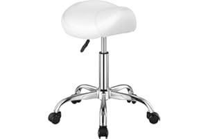 VEVOR Tabouret de Selle à roulettes, capacité Poids 204 kg, Tabouret Roulant Ergonomique, Hauteur réglable, Chaise de Selle pivotante en Cuir PU épais, pour Salon, Massage, Tatouage, Clinique, Blanc