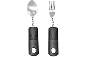 GXGM 2 Pezzi Cucchiaio Svezzamento Posate per Parkinson Anziani Disabili Strumenti con Forchetta Cucchiaio Curvo Manico Ispessito per Bambini Artrosi Reumatismi Persone Disabili