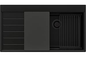 PRIMAGRAN Lavello da Cucina Tutto Nero 90x50cm, Lavandino in Granito a 1 vasca + Sifone Classico + Accessori, Lavabo Incasso al mobile 60cm - Sydney S254