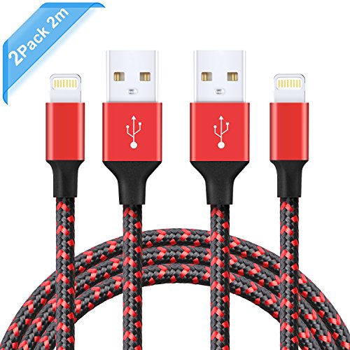 Preisvergleich Produktbild Ulinek 2Pak 2m Nylon iPhone Lightning Kabel Ladekabel Verbindungskabel, Lebenslange Garantie, für iPhone X 8 8 Plus 7 7 Plus SE 6 6 Plus 6s 6s Plus 5 iPad iPod Nano 7th Gen (Rot und schwarz)
